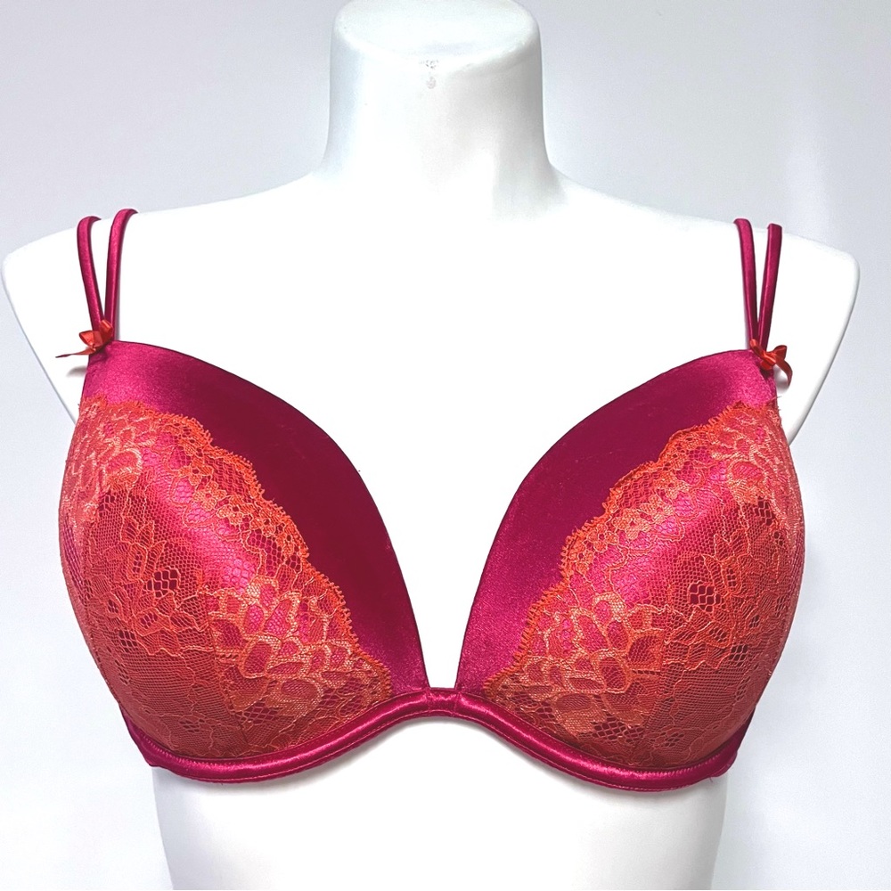 Cacique Plunge Bra 42D Pink Orange Satin Lace Padded Underwire Plus Size
